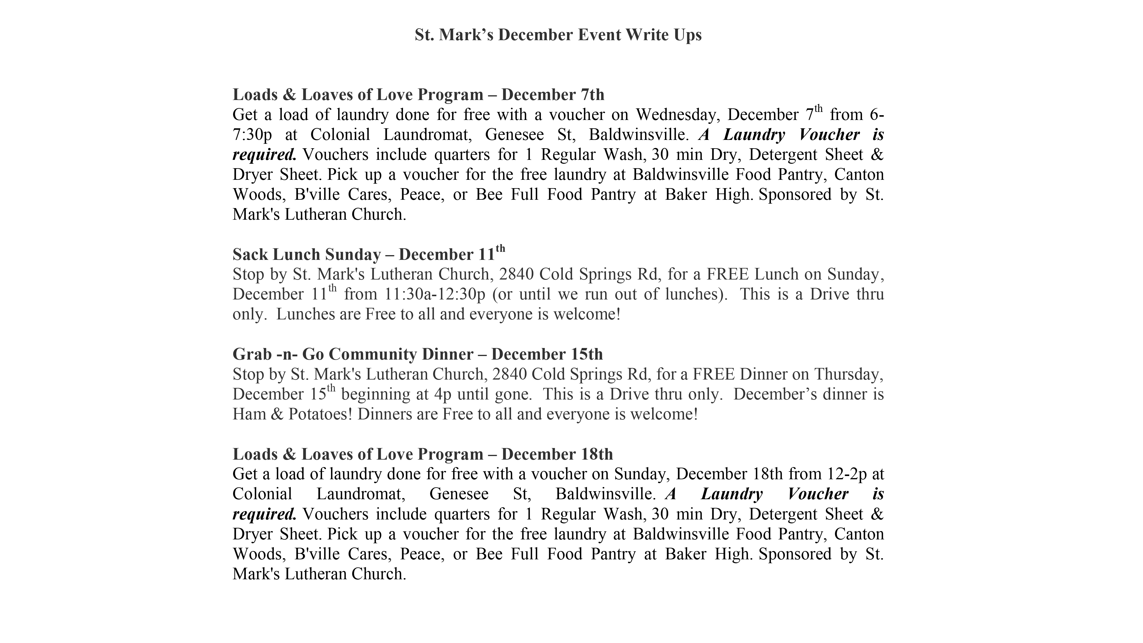 St Marks December Event Write Ups