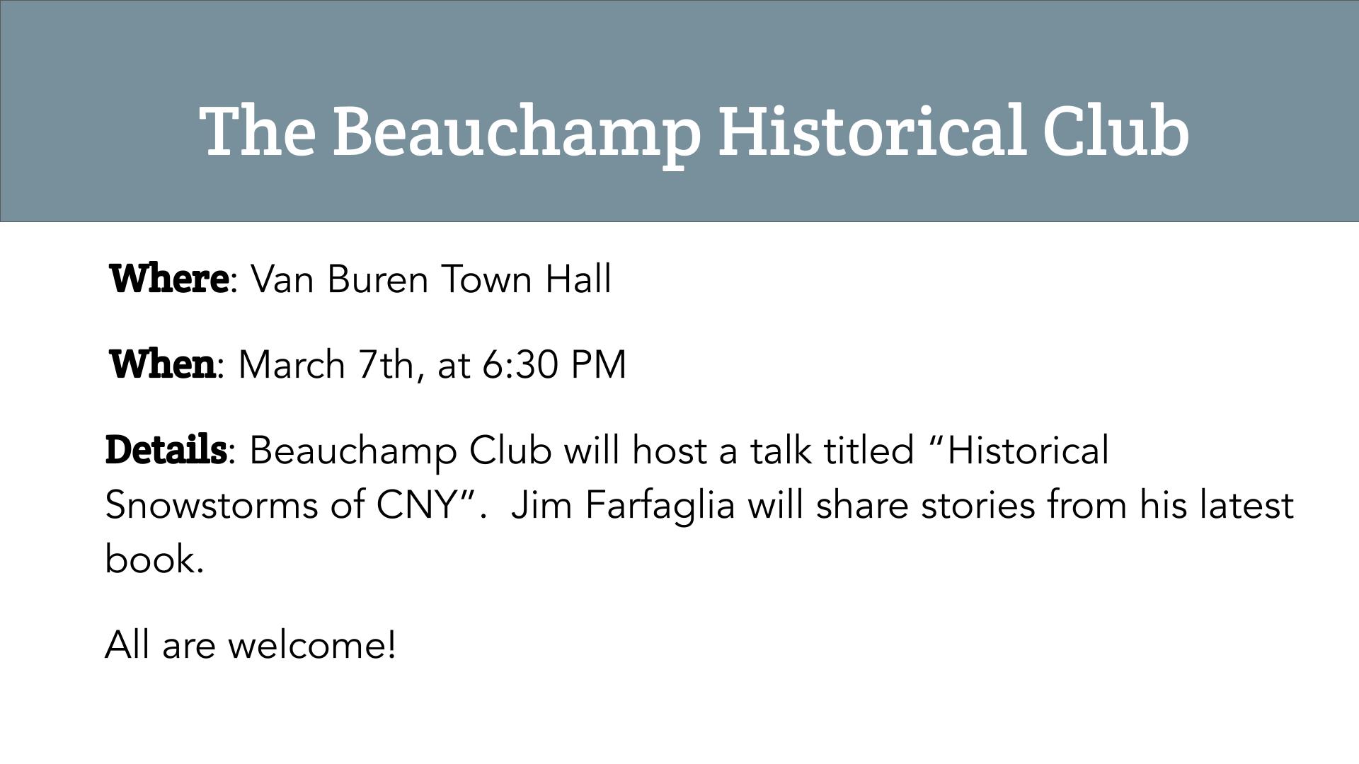 Beauchamp Historical Club Historical Snowstorms of CNY