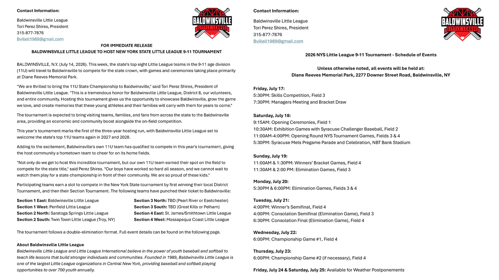 Baldwinsville Little League - State Tournament Press Release